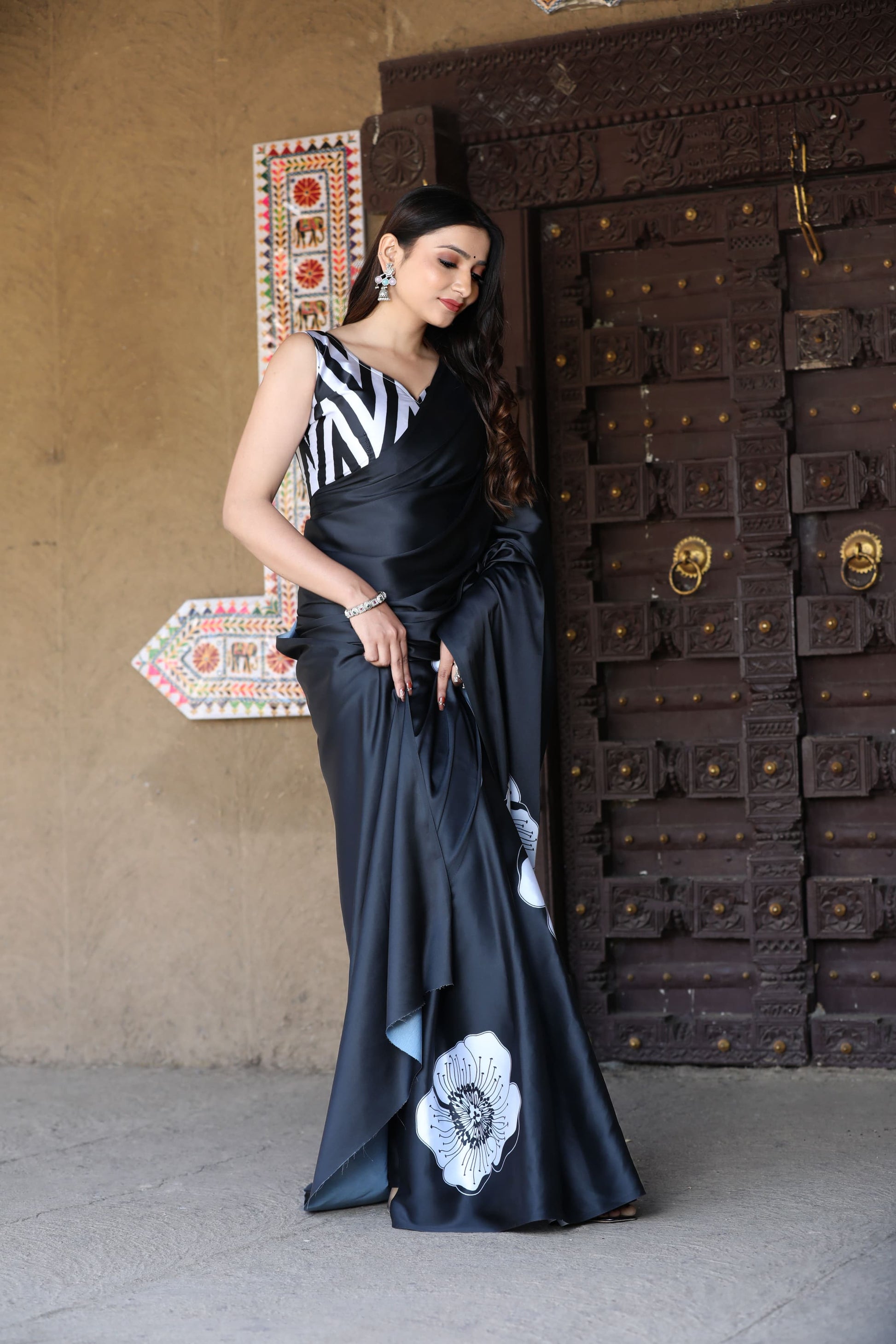 Bold Floral Print Satin Drape Saree