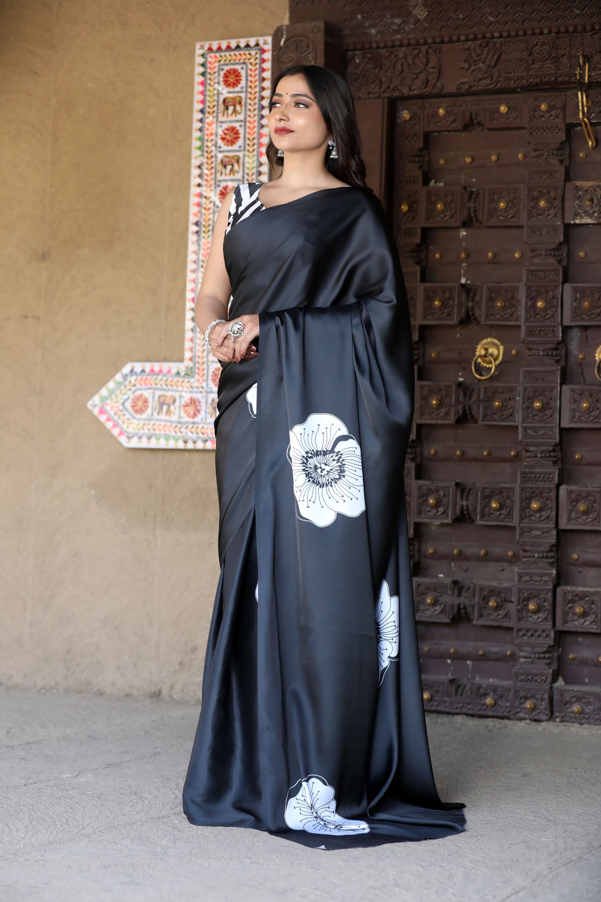 Bold Floral Print Satin Drape Saree