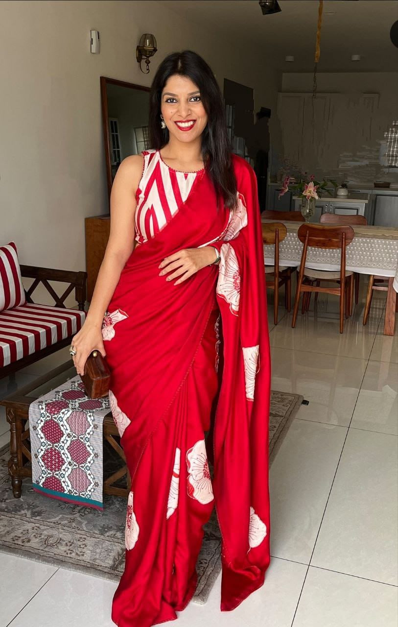 Bold Floral Print Satin Drape Saree