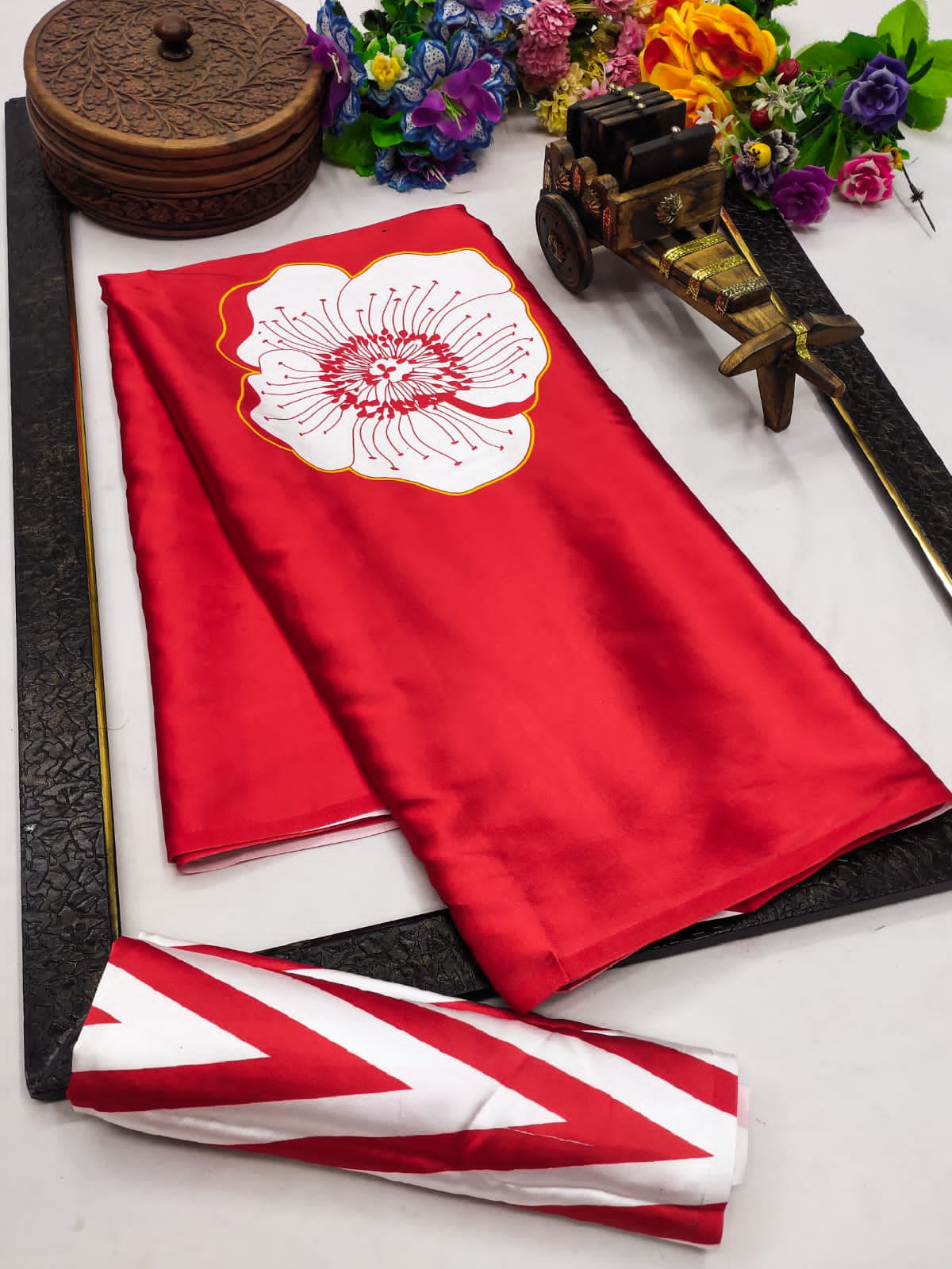Bold Floral Print Satin Drape Saree