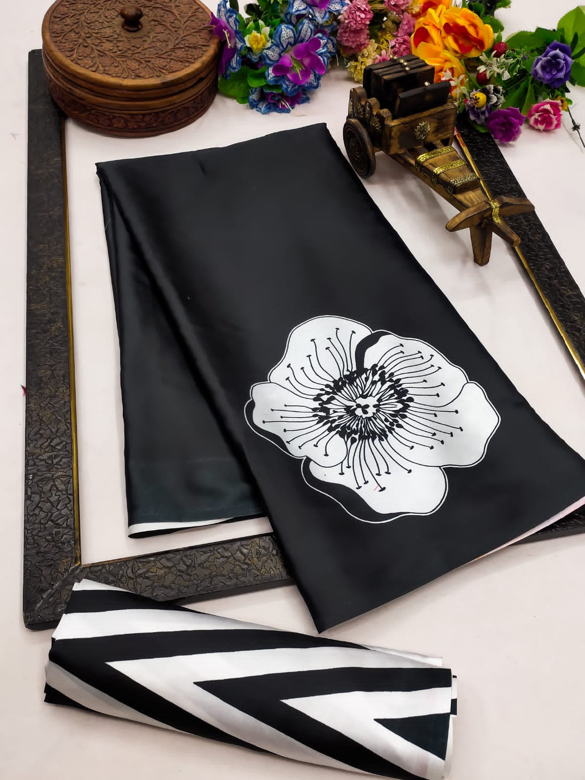 Bold Floral Print Satin Drape Saree