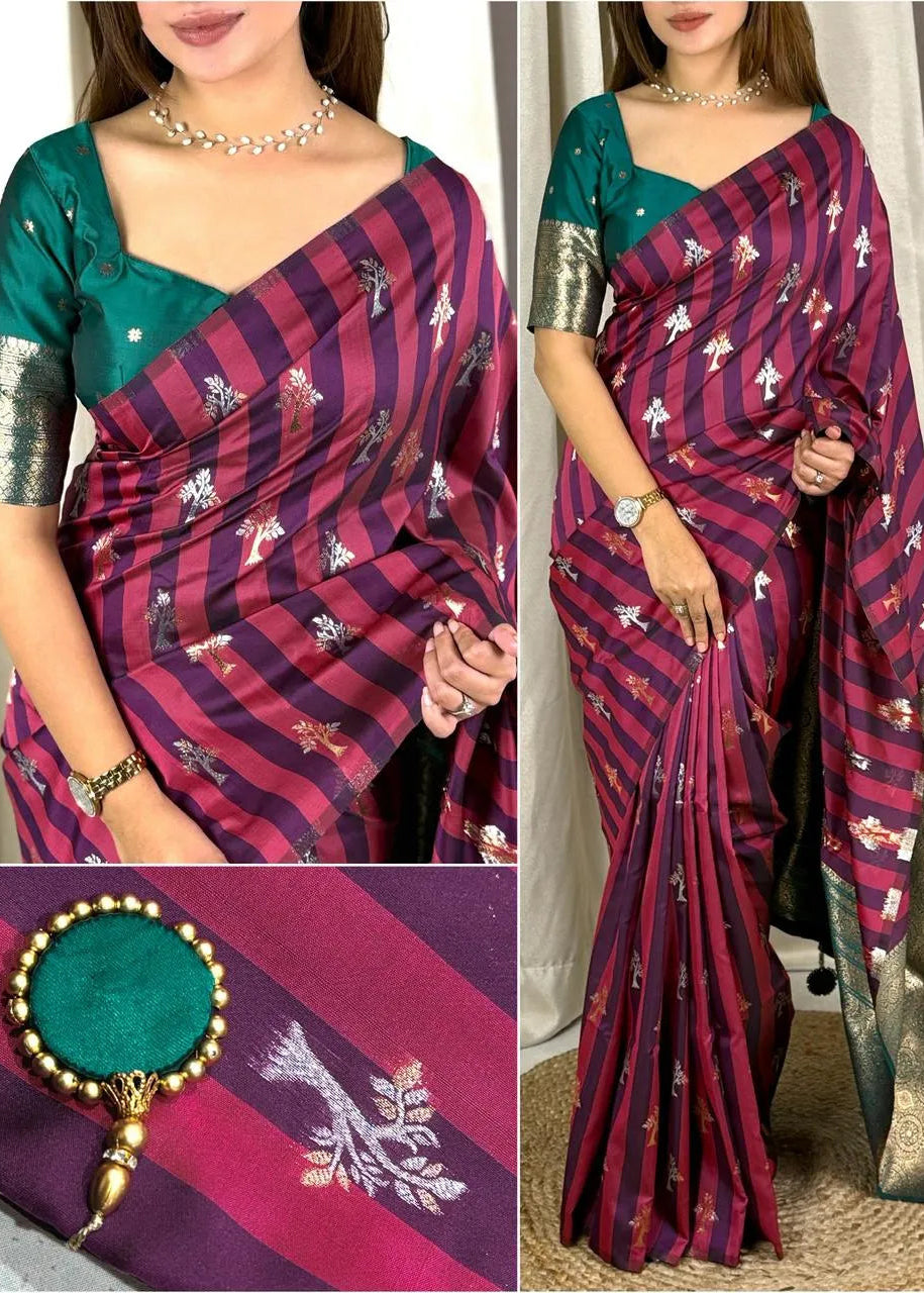Woman wearing a purple and green saree with a close-up of the saree and brooch.