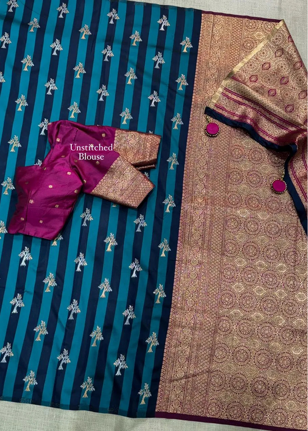 Saree with blue and gold patterns on a plain background