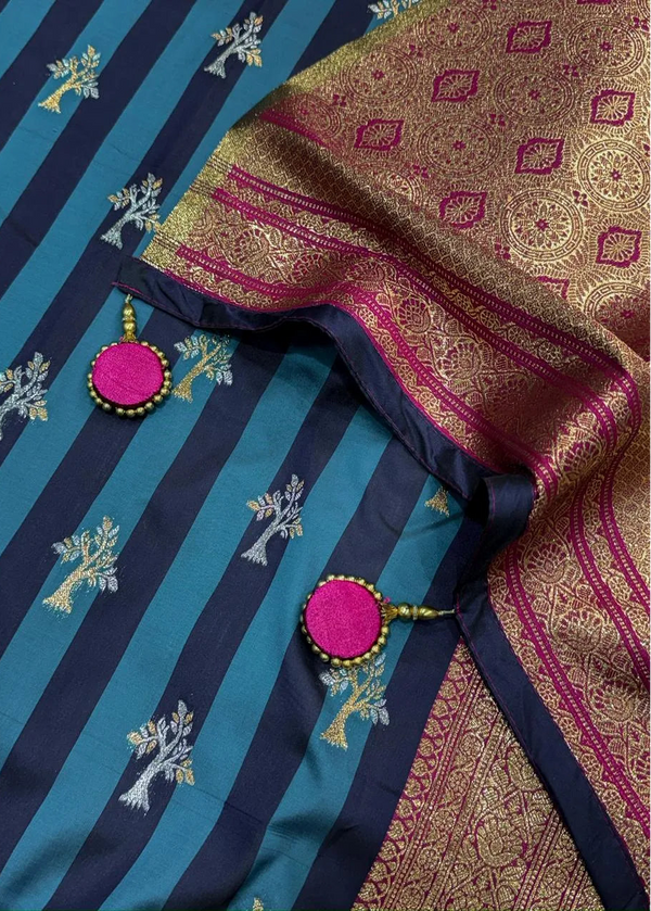 Blue and gold patterned fabric with pink buttons on a blue background