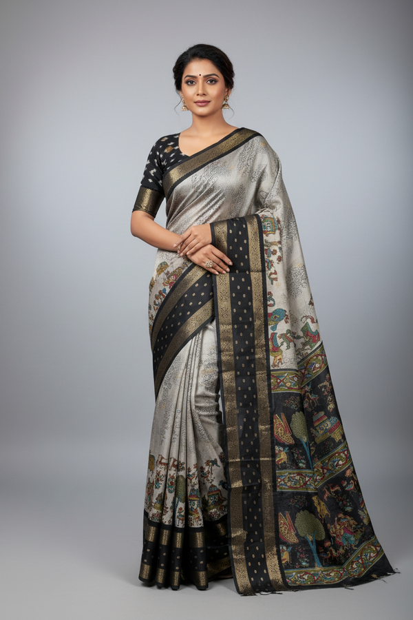 Dola Mash Mellow Green Silk Saree with Contrast Zari Jacquard Hamsa Border – Sanskriti Saree