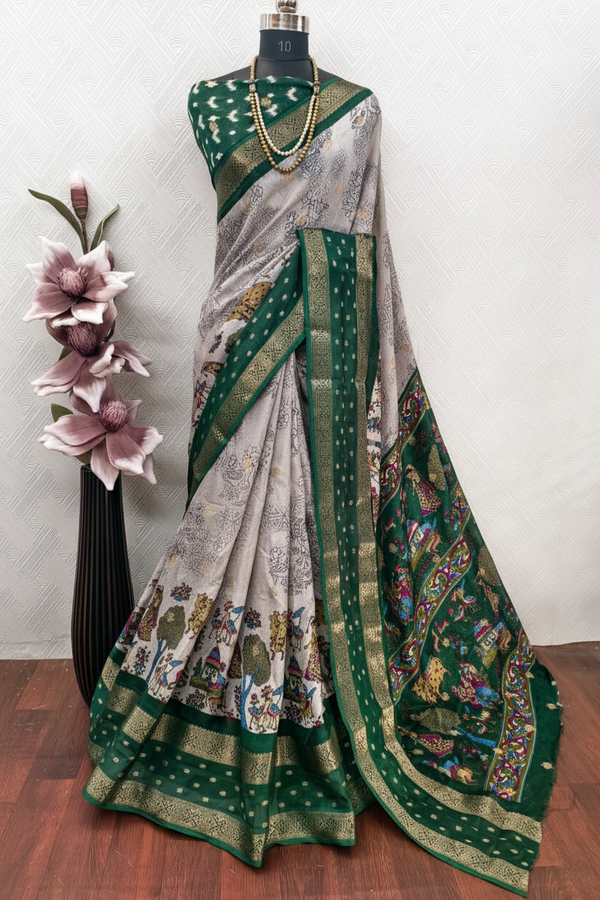 Dola Mash Mellow Green Silk Saree with Contrast Zari Jacquard Hamsa Border – Sanskriti Saree