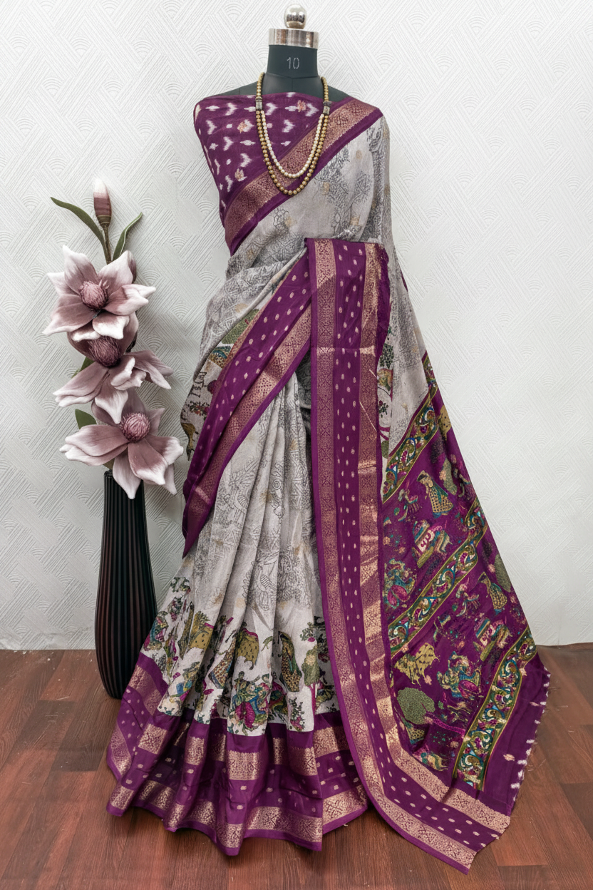 Dola Mash Mellow Green Silk Saree with Contrast Zari Jacquard Hamsa Border – Sanskriti Saree