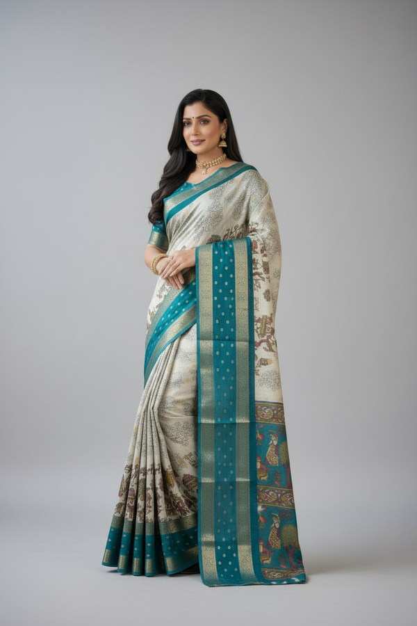 Dola Mash Mellow Green Silk Saree with Contrast Zari Jacquard Hamsa Border – Sanskriti Saree