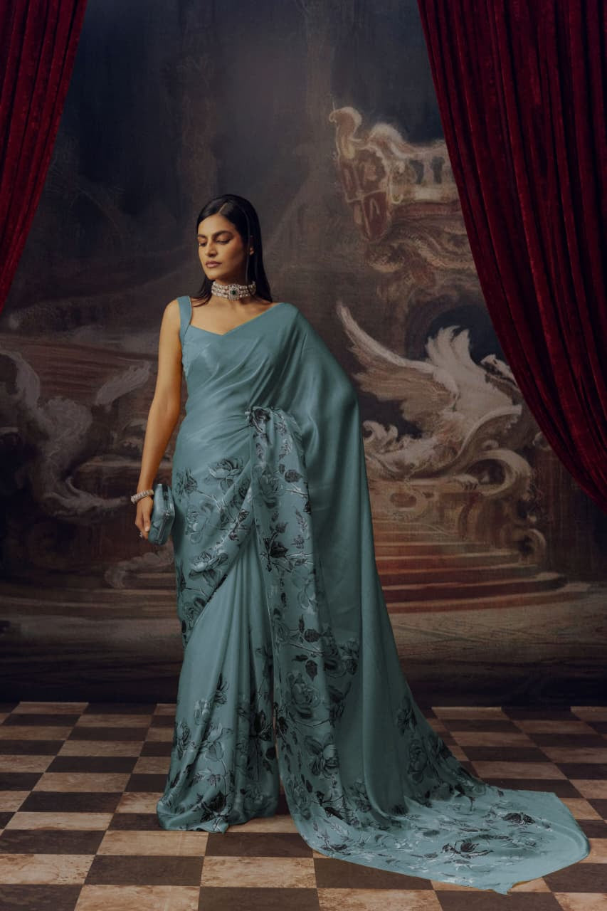 Elegant Flower Design Silky Satin Saree