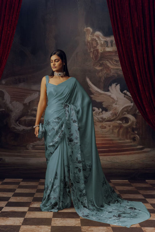 Elegant Flower Design Silky Satin Saree