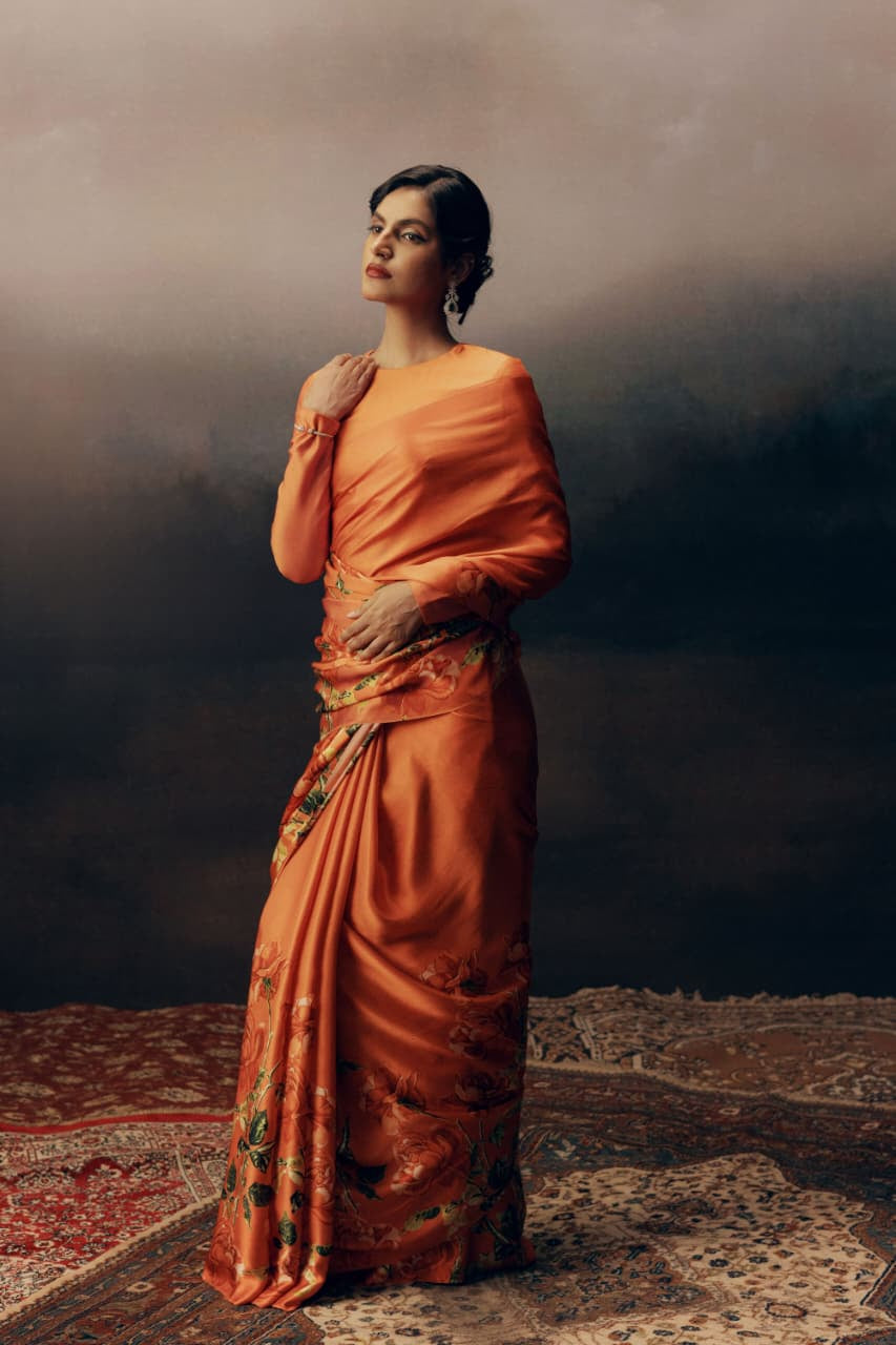 Elegant Flower Design Silky Satin Saree