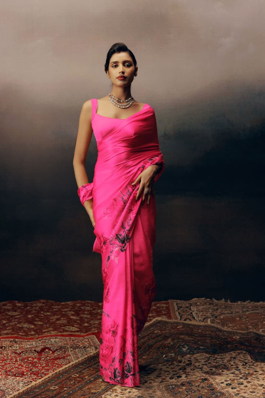 Elegant Flower Design Silky Satin Saree