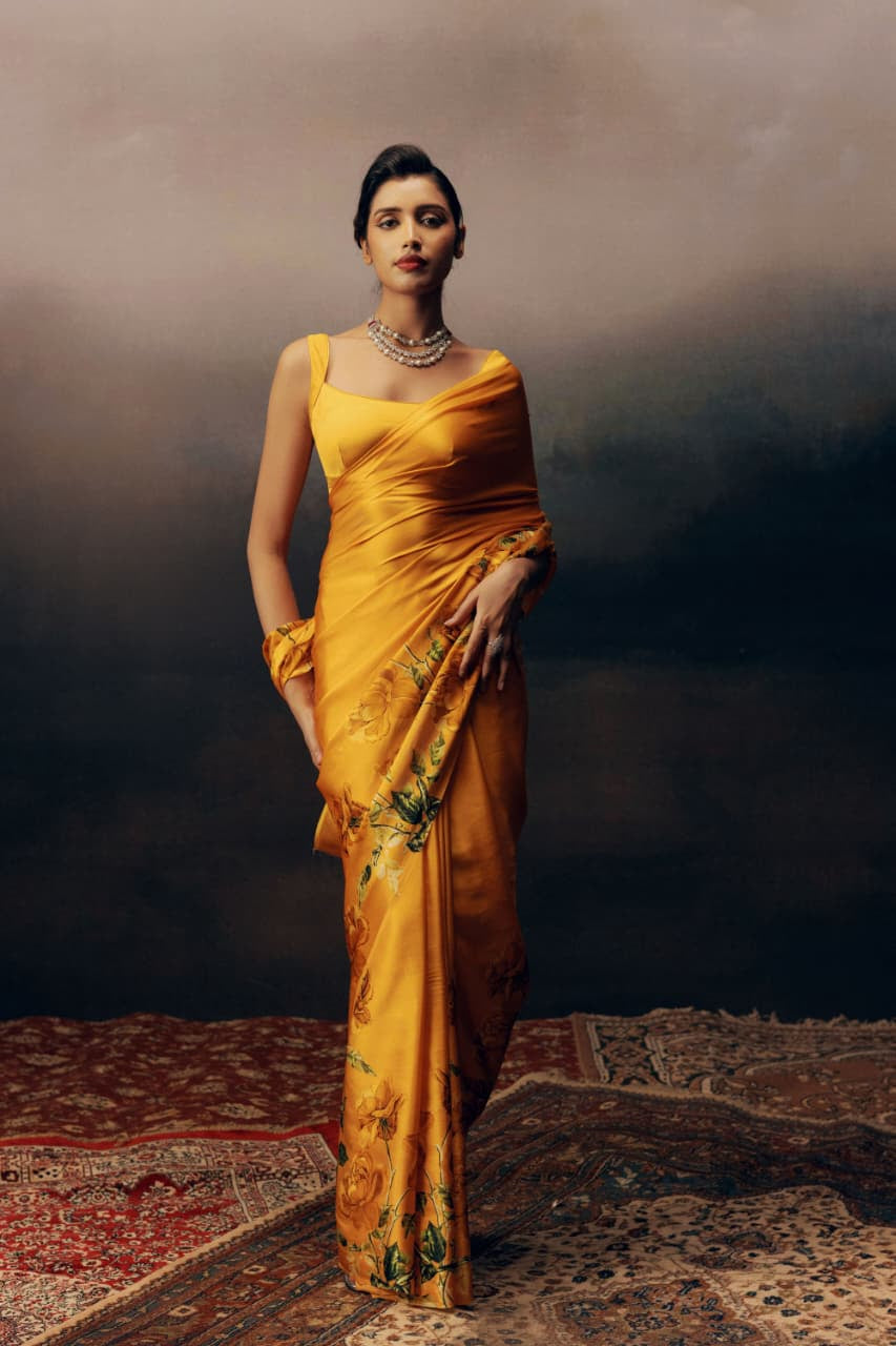 Elegant Flower Design Silky Satin Saree