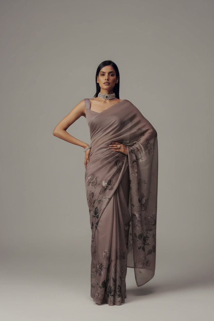 Elegant Flower Design Silky Satin Saree