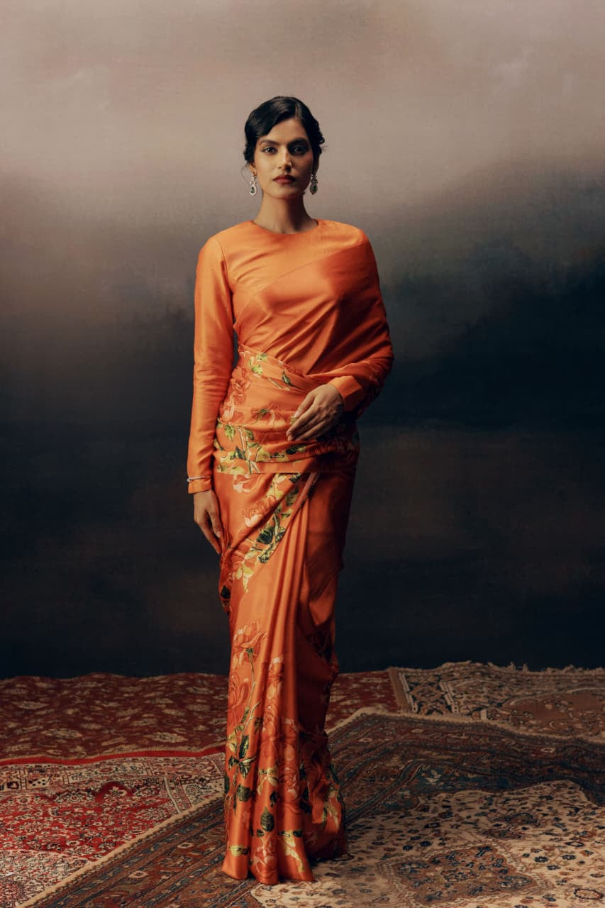 Elegant Flower Design Silky Satin Saree