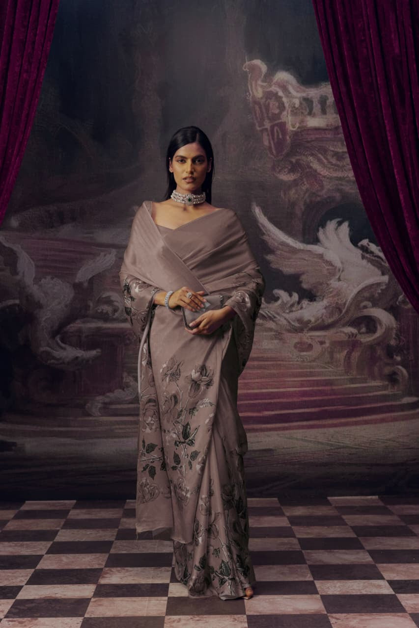 Elegant Flower Design Silky Satin Saree