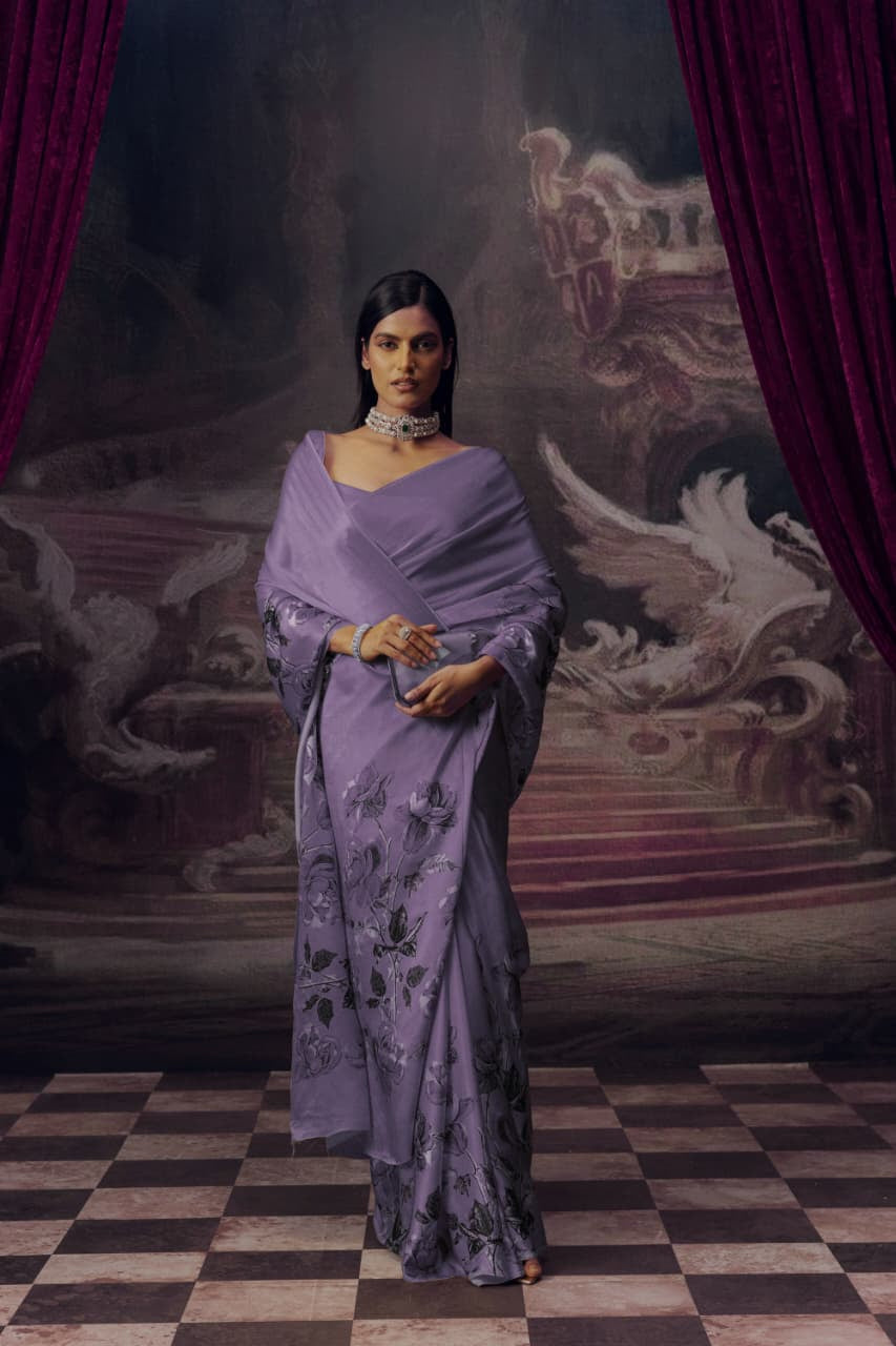 Elegant Flower Design Silky Satin Saree