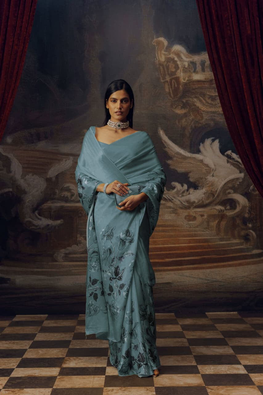 Elegant Flower Design Silky Satin Saree