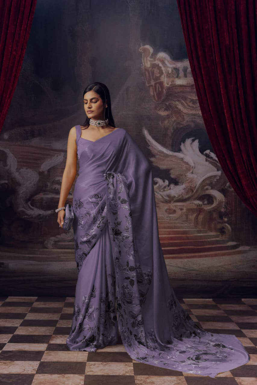 Elegant Flower Design Silky Satin Saree
