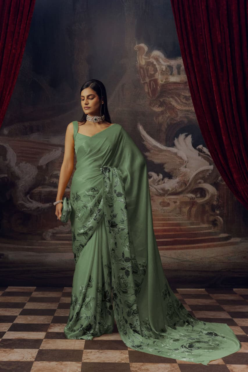 Elegant Flower Design Silky Satin Saree