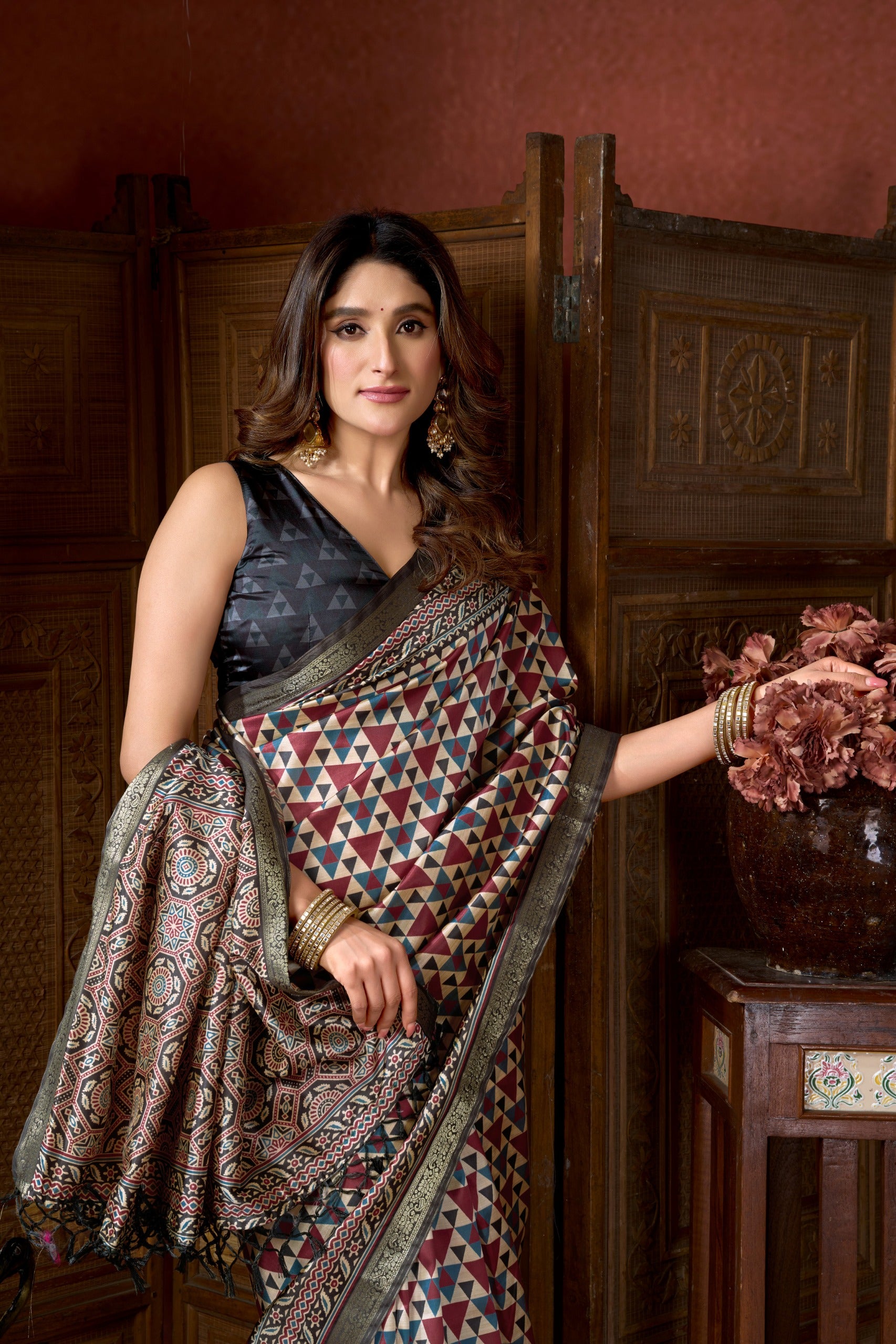 Geometric Ajrkh  Print Silk Saree