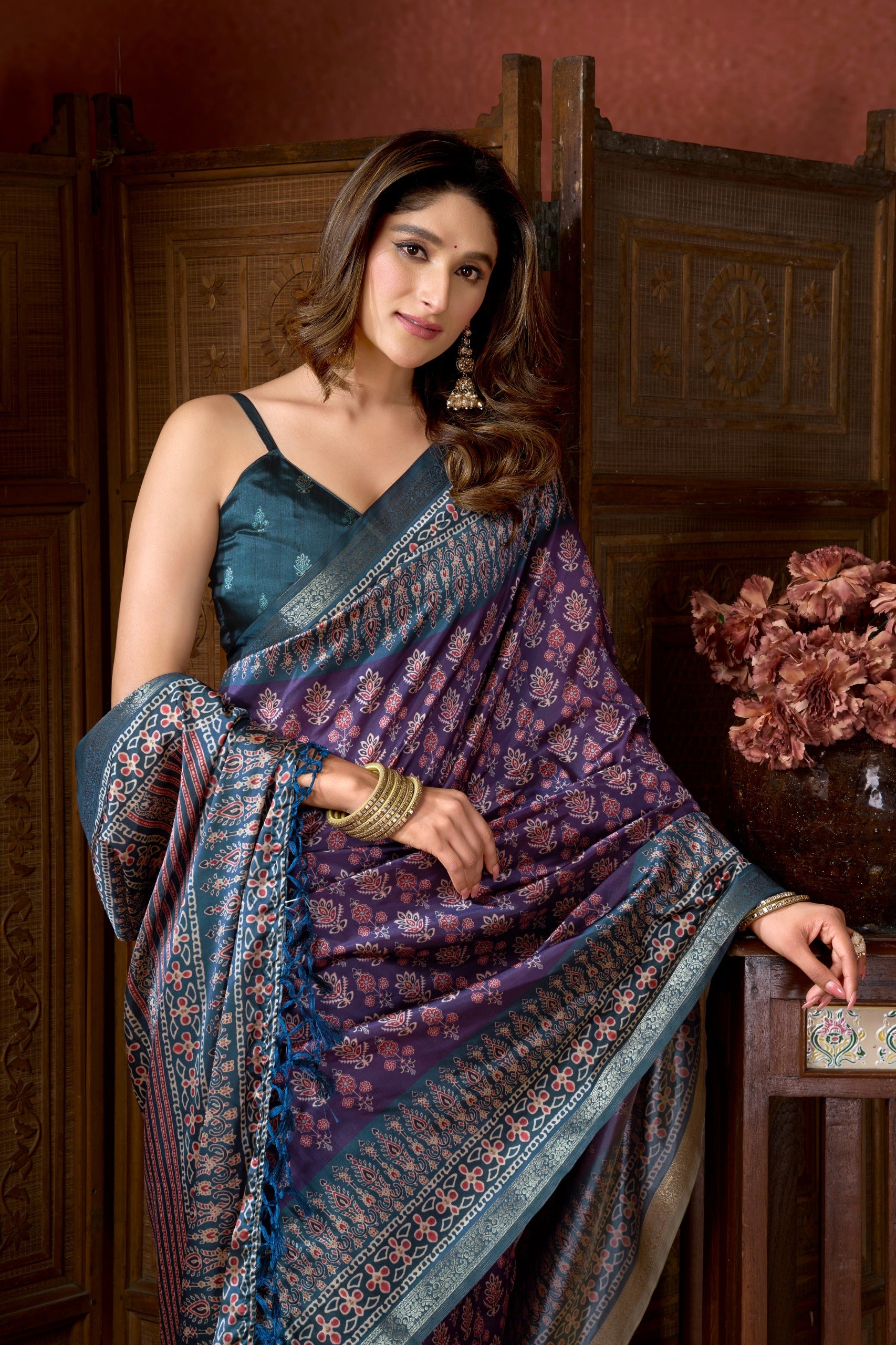 Geometric Ajrkh  Print Silk Saree