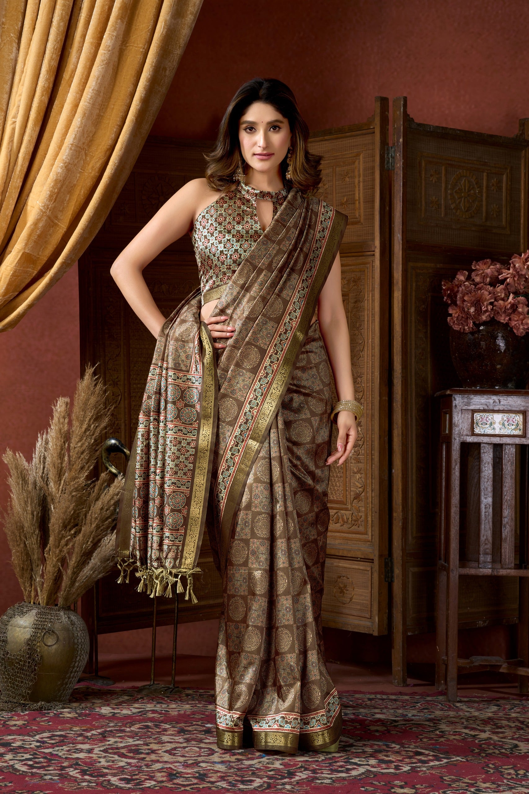Geometric Ajrkh  Print Silk Saree
