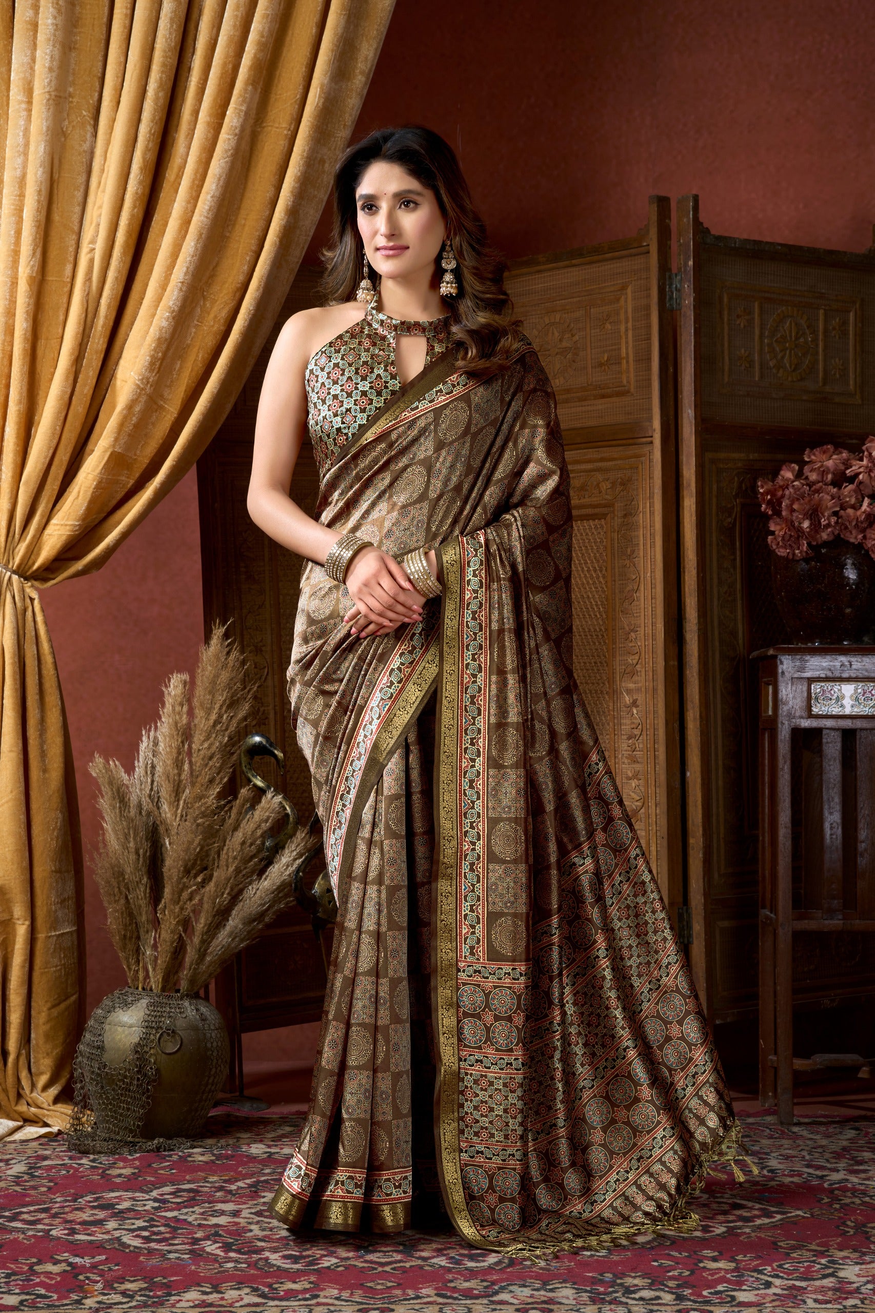 Geometric Ajrkh  Print Silk Saree