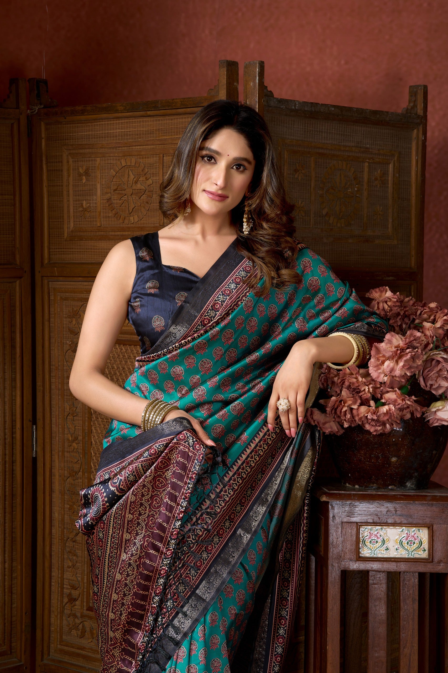 Geometric Ajrkh  Print Silk Saree