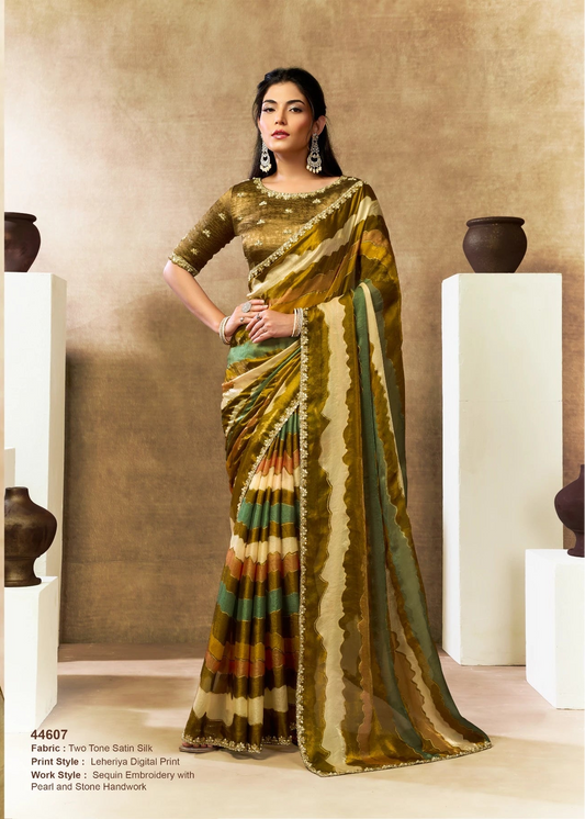 Woman wearing a traditional saree with a neutral background