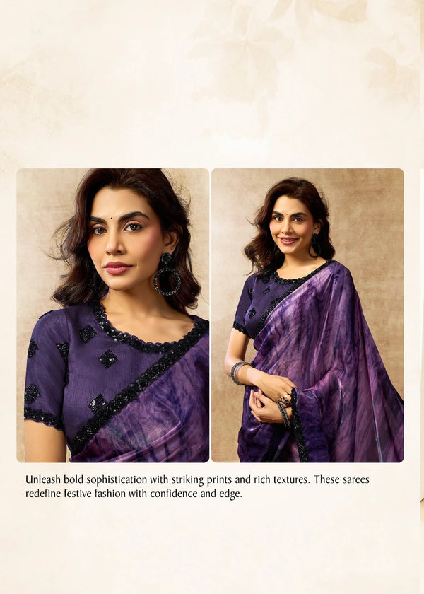 Woman wearing a purple saree with a neutral background