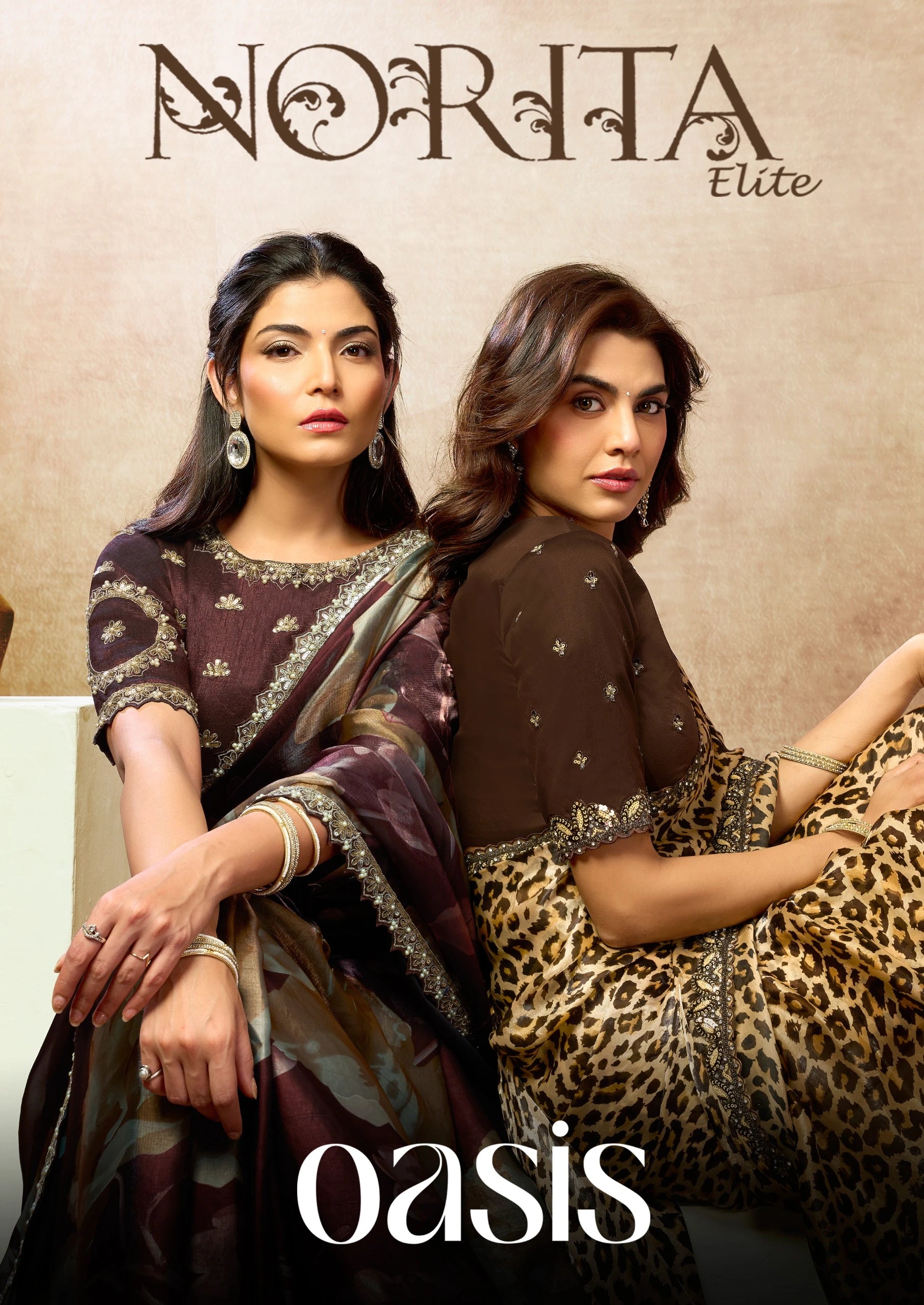Two women in elegant dresses with 'NORITA Elite' and 'oasis' branding.