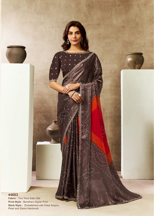 Woman wearing a saree with a neutral background