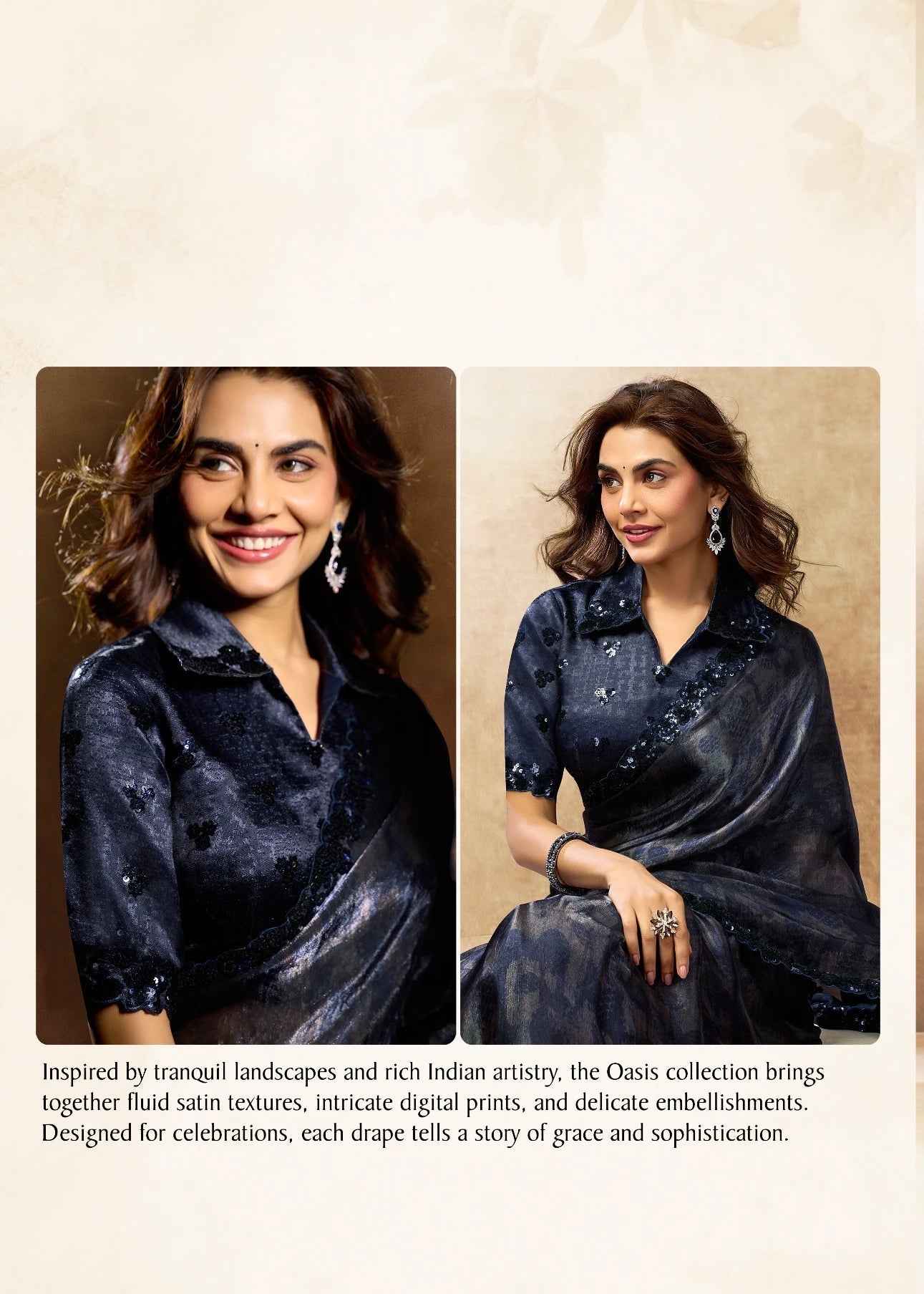 Woman wearing a black saree with a plain background