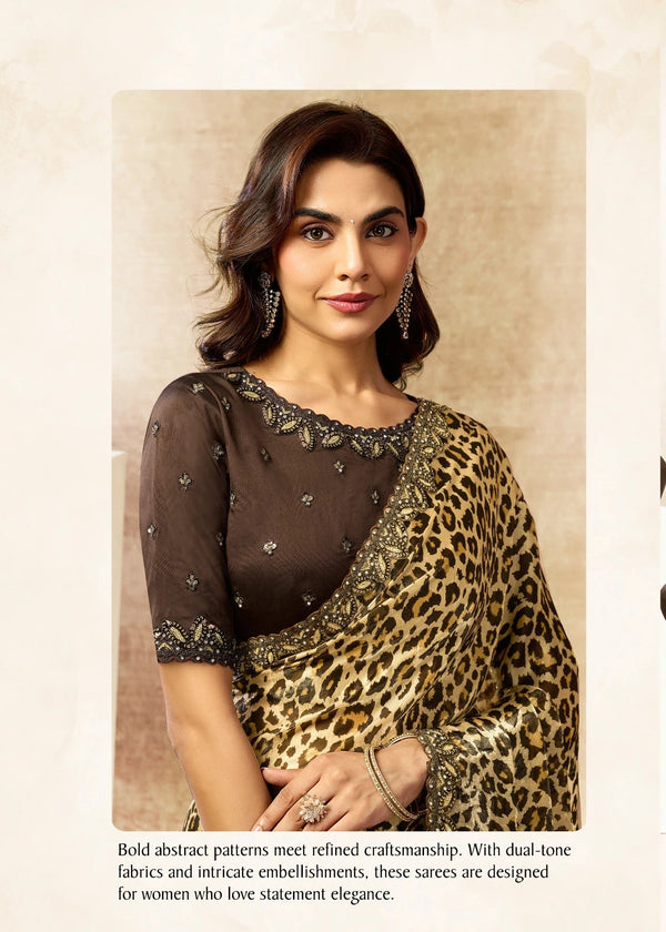 Woman wearing a leopard print saree with a plain background