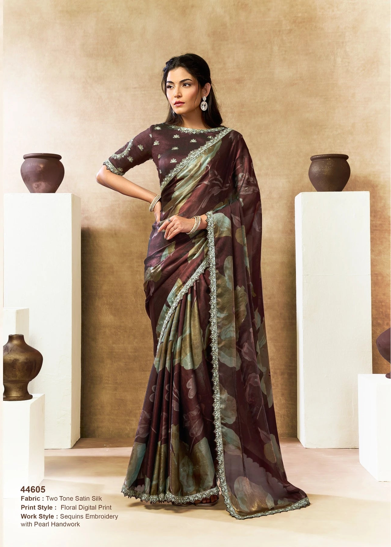 Woman wearing a traditional saree with a neutral background