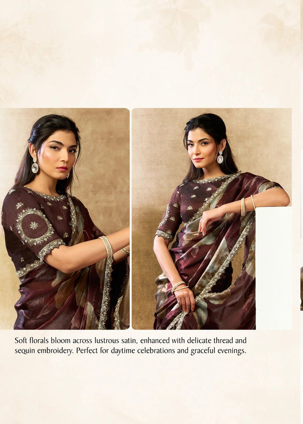 Woman wearing a traditional saree with a neutral background
