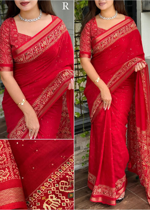 Red saree with gold embroidery worn by a model, displayed in two different settings.