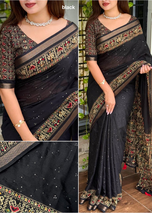 Black saree with intricate gold and red patterns worn by a model, displayed in multiple angles.