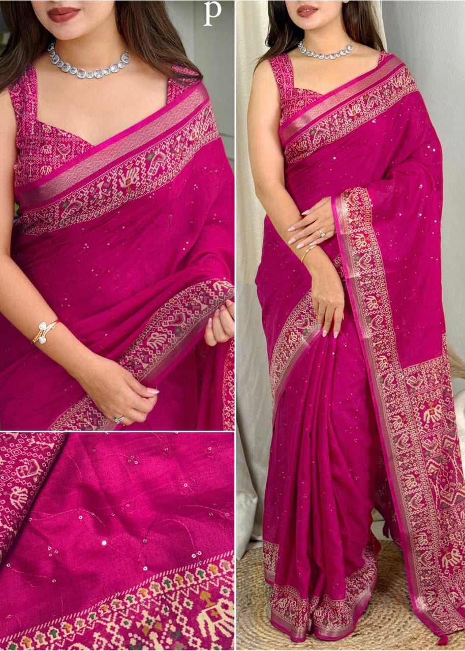 Collage of a woman wearing a pink saree with intricate designs, held by hands and displayed on a plain background.