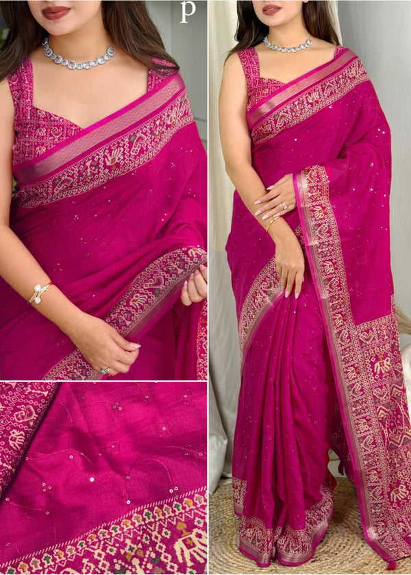Collage of a woman wearing a pink saree with intricate designs, held by hands and displayed on a plain background.