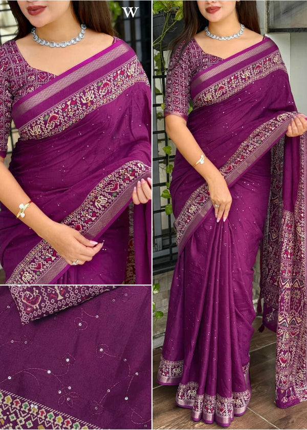 Purple saree with intricate patterns worn by a model, displayed in multiple angles.
