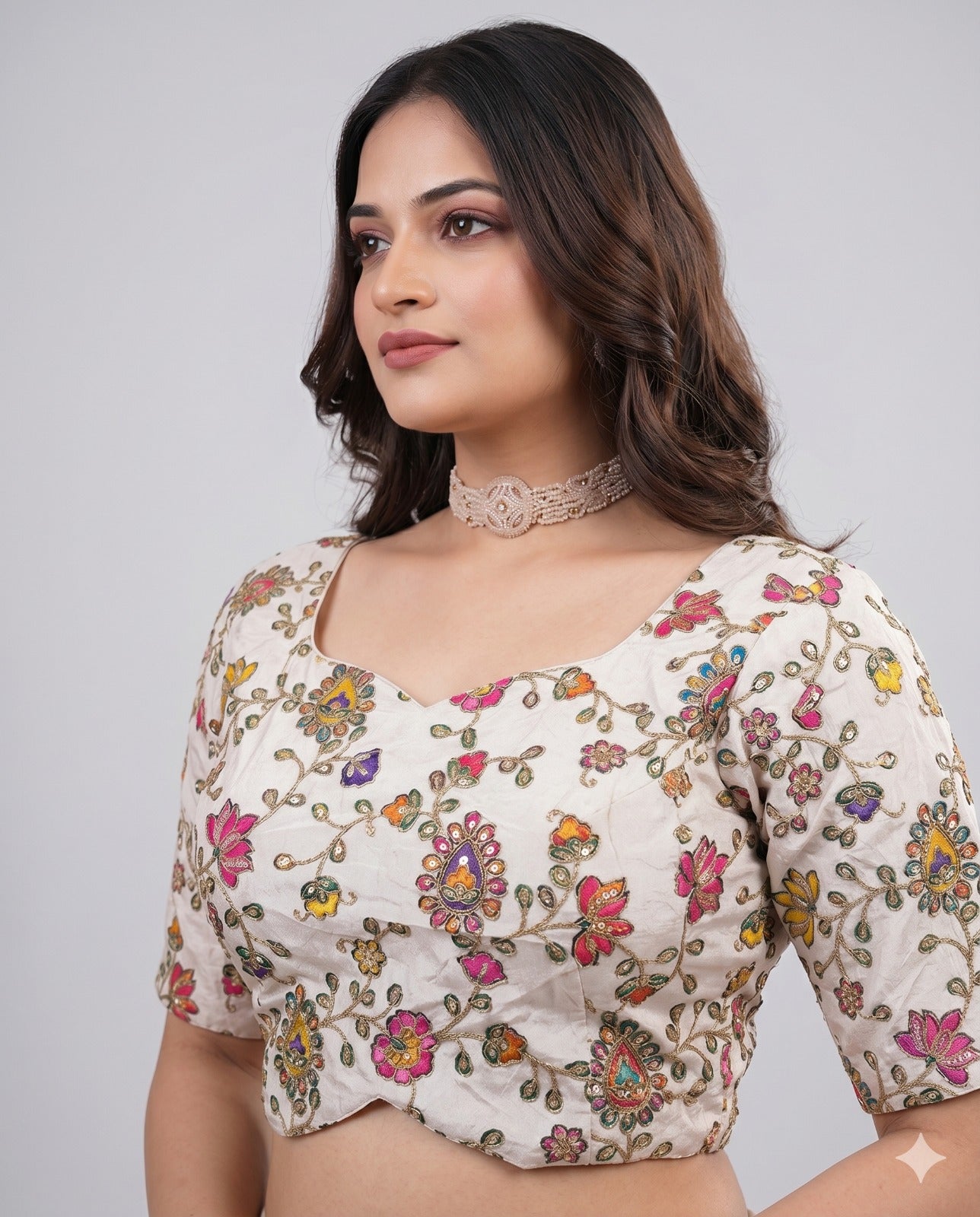 Pure Viscose V-Neck Embroidered Ethnic Blouse