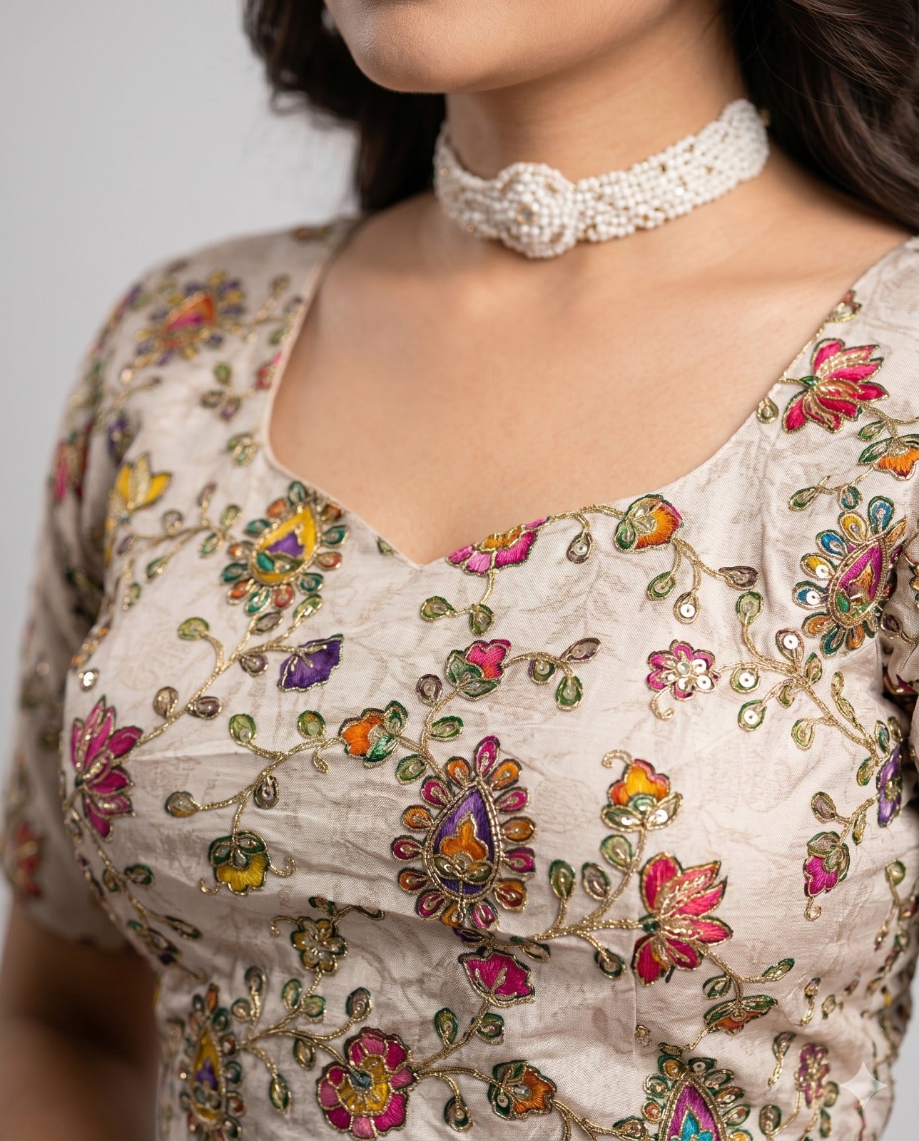 Pure Viscose V-Neck Embroidered Ethnic Blouse