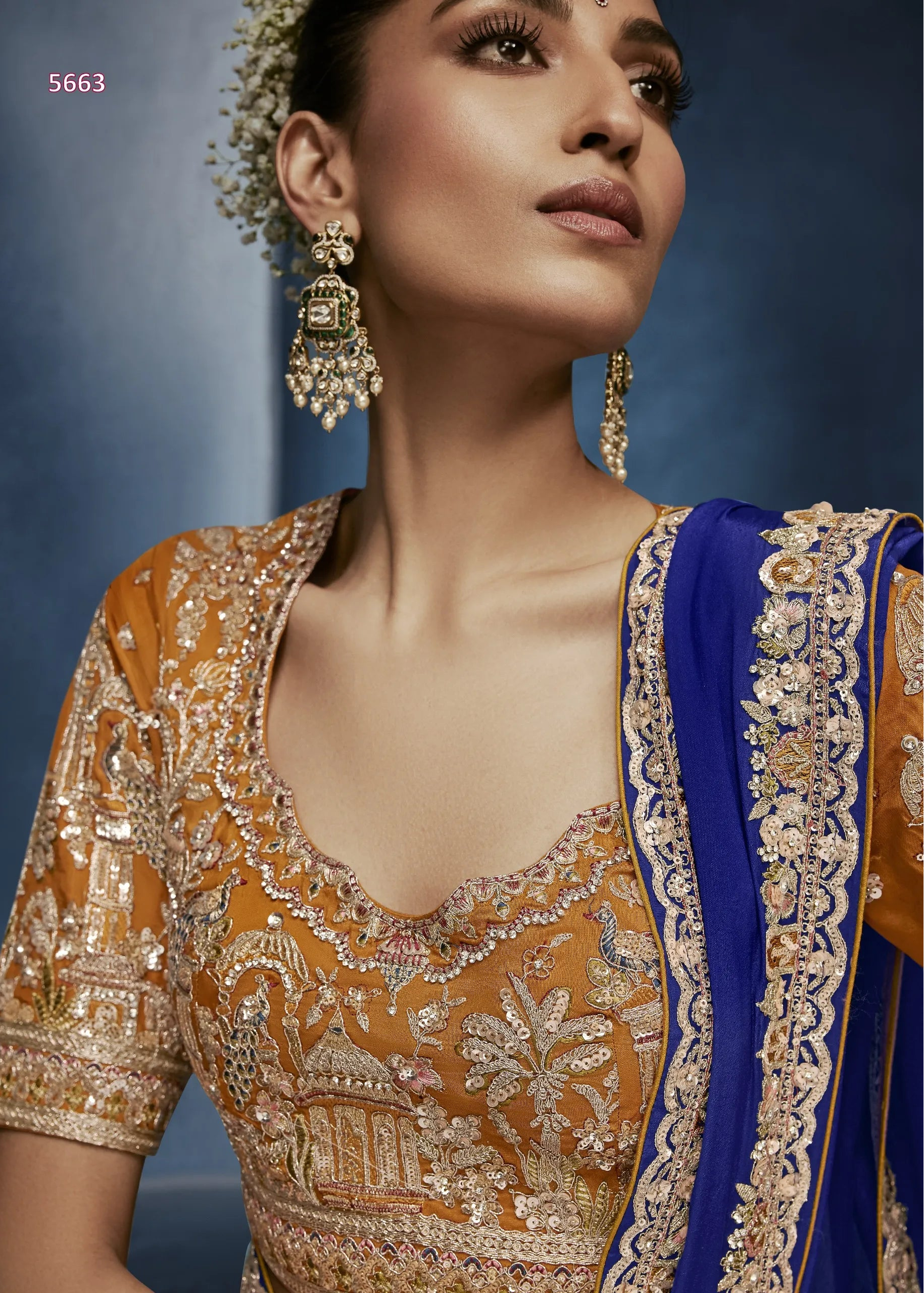Woman wearing a traditional embroidered outfit with a blue border against a dark background