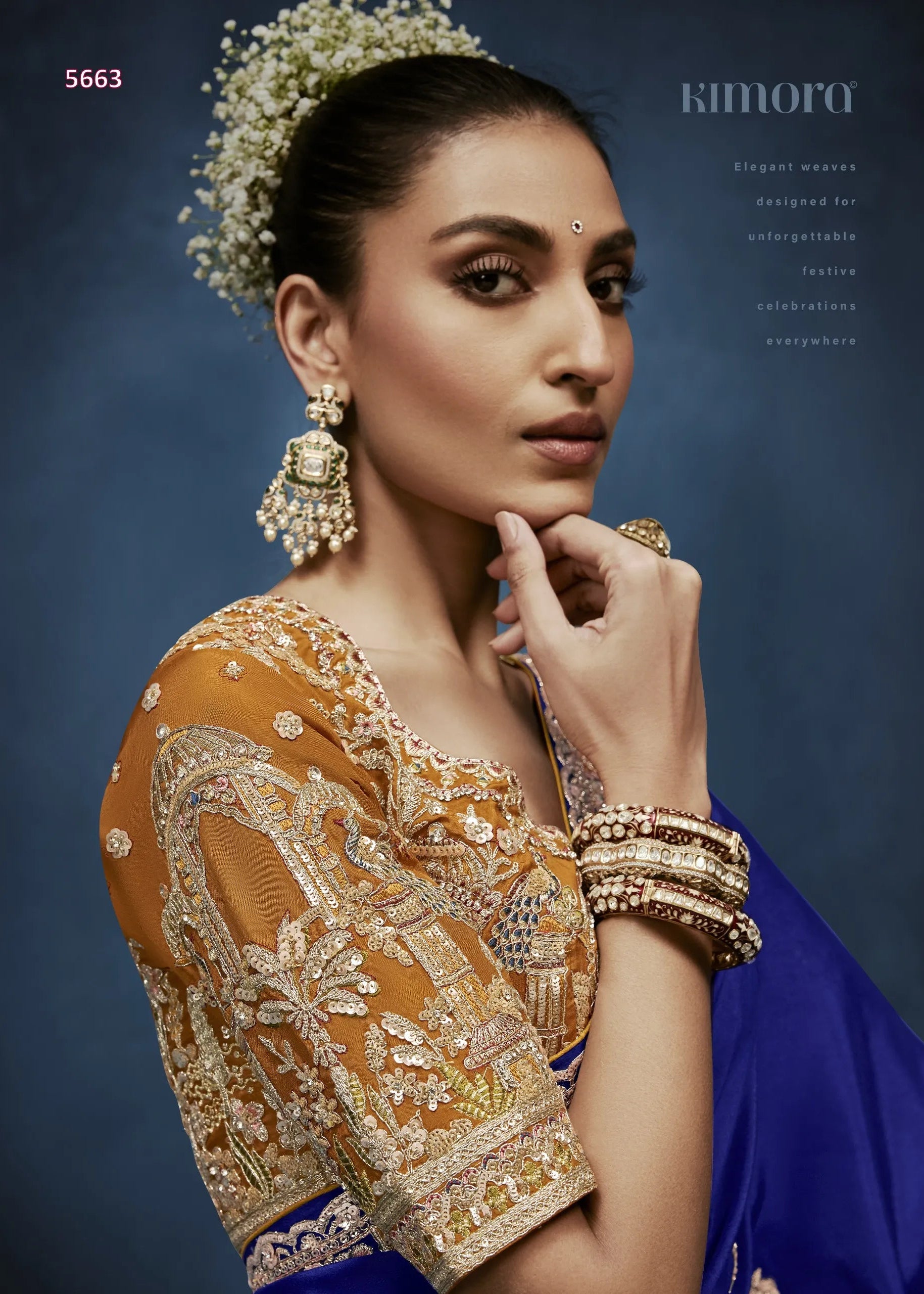 Woman in traditional embroidered outfit with jewelry against a dark blue background