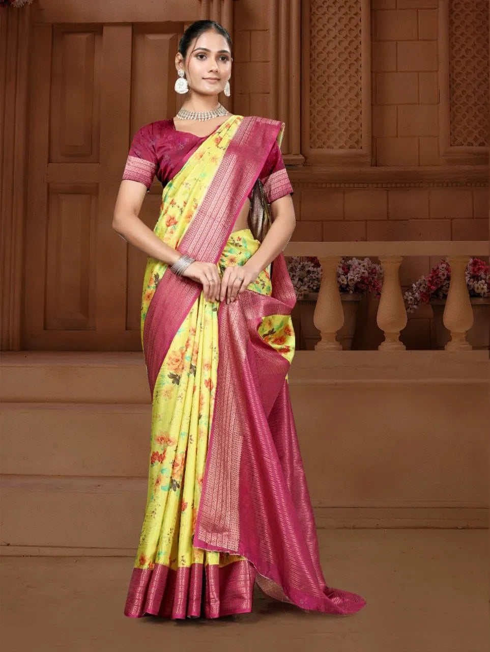 Fashion Fusion Semi-Crepe Tanjore Floral Saree