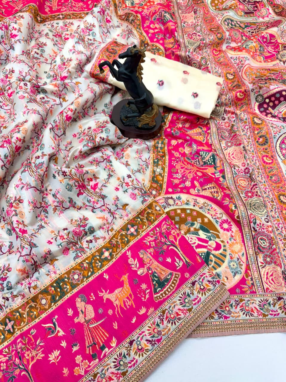 Gulbahar Kalamkari Silk Saree | Ivory & Rani Pink