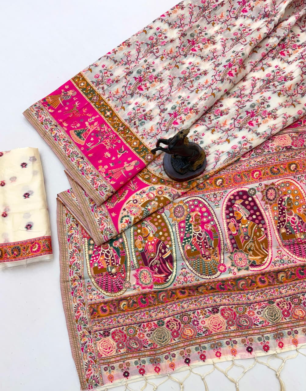Gulbahar Kalamkari Silk Saree | Ivory & Rani Pink