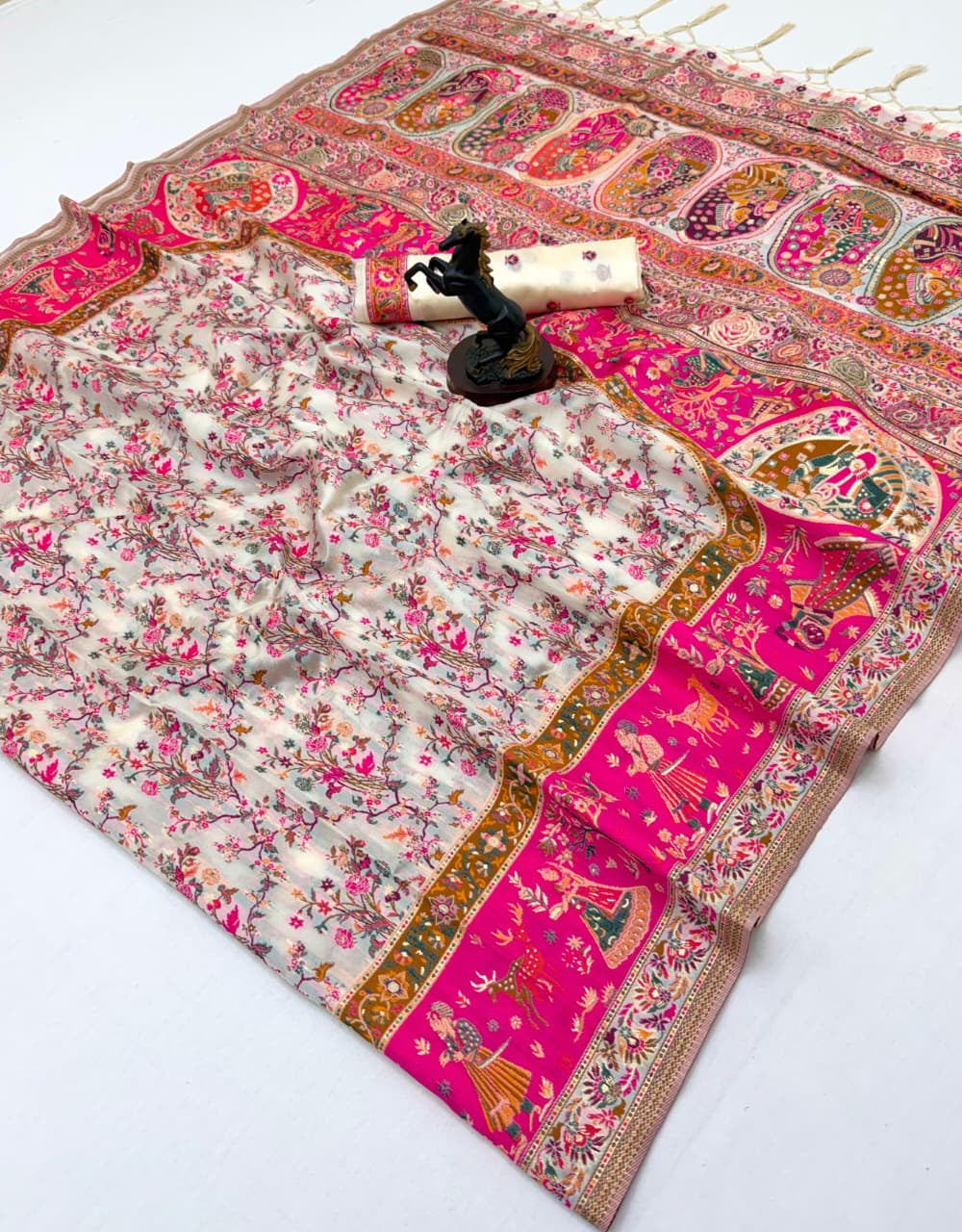 Gulbahar Kalamkari Silk Saree | Ivory & Rani Pink